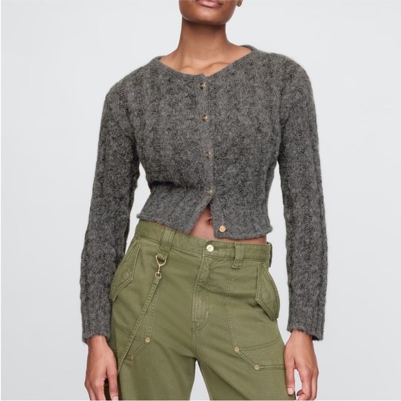NEW Cult Gaia x Gap Cable Knit Cardigan - Grey, Size M Gold Buttons - Picture 2 of 10